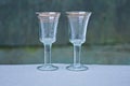 White brown two glass crystal goblets on a gray  table Royalty Free Stock Photo