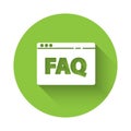 White Browser FAQ icon isolated with long shadow. Internet communication protocol. Green circle button. Vector Royalty Free Stock Photo
