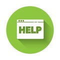 White Browser help icon isolated with long shadow. Internet communication protocol. Green circle button. Vector Royalty Free Stock Photo