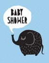 Baby Shower Vector Card with Funny Black Elephant  Isolated on a Blue Rainy Sky. Royalty Free Stock Photo