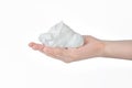 white bubbled foam in hands, hair foam, foam for man, white textured, hand full of soap isolated on white background, finger touch