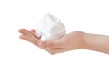 White bubbled foam in hands, hair foam, foam for man, white textured, hand full of soap isolated on white background