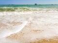 White bubbles created on the beach by ocean waves on seashore Foam bubbles abstract white background. Detergent white foam with s