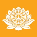 White Buddha meditated in dharmachakra wheel of dhamma with lotus petals around sign on yellow background vector design