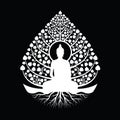 White Buddha Meditation under bodhi tree with leafs and root sign, abstract drop water shape style on black background vector