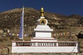 White Buddhist Stupa Monument Prayer Flags Manang Village Nepal Himalaya Mountains Annapurna Circuit Royalty Free Stock Photo