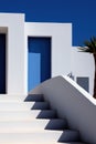 A white building with blue doors and a palm tree, AI