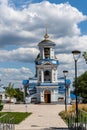 White building of Pokrovsky Cathedral with blue roof and golden domes. Temple of Voronezh Diocese of Russian Orthodox Church Royalty Free Stock Photo