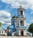 White building of Pokrovsky Cathedral with blue roof and golden domes. Temple of Voronezh Diocese of Russian Orthodox Church. Royalty Free Stock Photo