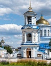 White building of Pokrovsky Cathedral with blue roof and golden domes. Temple of Voronezh Diocese of Russian Orthodox Church Royalty Free Stock Photo