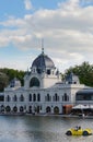 White building of Topart Cafe near Varosliget lake in Budapest, It's main entrance is Heroes' Square