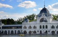 White building of Topart Cafe near Varosliget lake in Budapest, It's main entrance is Heroes' Square