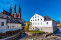 White building of Uppland museum and cathedral in Uppsala, Sweden