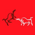 White bull attacks black bull on red background Royalty Free Stock Photo
