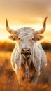 White bull in a golden field at sunset, close-up view. Rural wildlife and nature concept