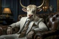 White bull in suit sitting on a couch. Trading concept