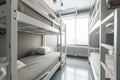 White bunk beds in a clean modern hostel. Generative AI Royalty Free Stock Photo