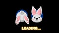 white bunny back and face view illustrating on black screen and bright loading text Royalty Free Stock Photo