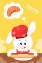 White bunny baker covered in flour with rolling pin makes dough for his favorite croissant