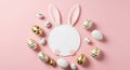 White bunny face with colorful Easter eggs on pink background Royalty Free Stock Photo