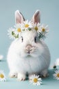 White bunny with floral crown from daisy flowers on soft blue backdrop. Easter greetings card, poster, flayer concept Royalty Free Stock Photo