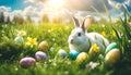 White bunny in the garden with flowers and Easter eggs. The Sun in the background. Royalty Free Stock Photo