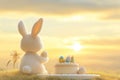 White Bunny Holding Easter Egg on Sunset Background. Decorated Cake with Painted Eggs Nearby. Gentle Atmosphere Royalty Free Stock Photo