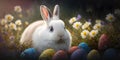 A white bunny with multicolor Easter eggs, a colored blue background, generative AI Royalty Free Stock Photo