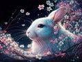 A White Bunny with Pink Highlights Surrounded By Cherry Blossoms, On a Dark, Starry Background -- AI-generated Art