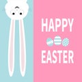 White bunny rabbit hanging upside down Big paper signboard. Cute cartoon funny animal. Happy Easter. Lettering text. Painting egg. Royalty Free Stock Photo