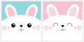 White bunny rabbit head face square icon set. Cute cartoon kawaii funny character. Pet baby print for notebook cover, greeting Royalty Free Stock Photo