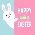 White bunny rabbit holding big signboard. Cute cartoon funny animal hiding behind paper. Happy Easter. Lettering text. Painting eg Royalty Free Stock Photo