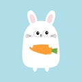 White bunny rabbit holding carrot. Funny head face. Big eyes. Cute kawaii cartoon character. Baby greeting card template. Happy Ea Royalty Free Stock Photo
