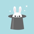 White bunny rabbit in magic hat. Sining stars. Funny head face icon. Big ears. Cute kawaii cartoon character. Baby greeting card. Royalty Free Stock Photo