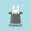 White bunny rabbit in magic hat. Sining stars. Funny head face icon. Surprise. Big ears. Cute kawaii cartoon character. Baby greet Royalty Free Stock Photo