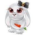 White bunny with red eyes, bitten carrots, and black bow with skull. Funny cartoon pet in the evil character