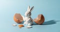 White Bunny Sitting Inside Broken Eggshells on Blue Background Royalty Free Stock Photo