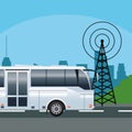 White bus public transport vehicle with telecommunications antenna