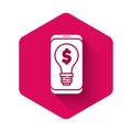 White Business light bulb with dollar on smartphone screen icon isolated with long shadow. User touch screen. Pink Royalty Free Stock Photo