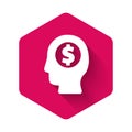 White Business man planning mind icon isolated with long shadow background. Human head with dollar. Idea to earn money