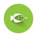 White Butterfly fish icon isolated with long shadow background. Green circle button. Vector Royalty Free Stock Photo