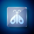White Butterfly icon isolated on blue background. Square glass panels. Vector