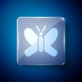 White Butterfly icon isolated on blue background. Square glass panels. Vector