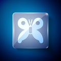 White Butterfly icon isolated on blue background. Square glass panels. Vector