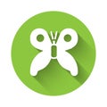 White Butterfly icon isolated with long shadow. Green circle button. Vector Royalty Free Stock Photo