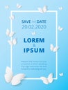 White butterfly paper art icon on blue label background, wedding card invitation printing template.