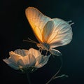 A white butterfly, a pollinator insect, rests on a white flower petal