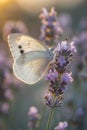 A white butterfly is sitting on top of lavender flowers Royalty Free Stock Photo