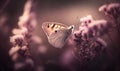 a white butterfly sitting on top of a purple flower covered in water drops of watercolor paint on a black background with a pink Royalty Free Stock Photo