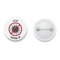 White button badge with Corona virus symbol and text STOP COVID-19